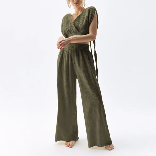 5Double-layer Gauze Trousers High-waisted Thin Cotton Wide-leg Trousers Loose-edge Design Casual Floor Pants Women's Cross-border Special Supply